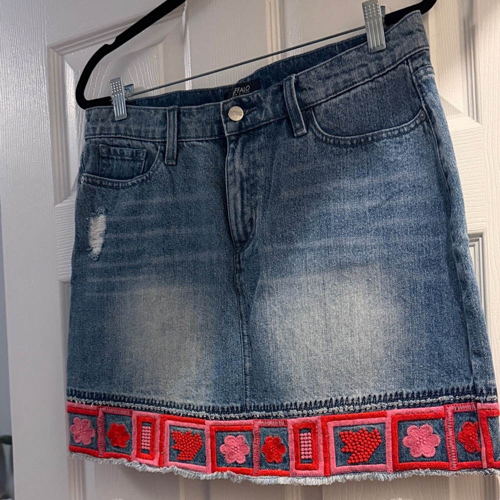 Buffalo Y2K Blue Denim Mini Skirt with Red Embroidered Hem 30 waist
